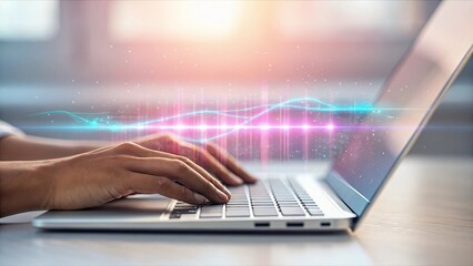 Typing on laptop with glowing data streams hands keyboard