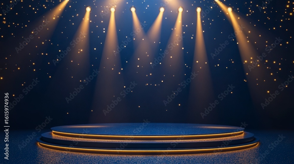 Canvas Prints illuminated stage with spotlight beams, circular platform, and glittering particles.