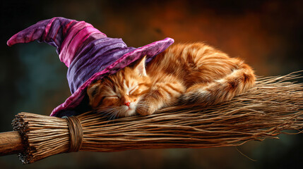 Cute kitten wearing pastel witch hat is peacefully curled up on glowing broom, radiating warmth and charm