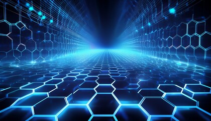 a complex interconnected network of luminous blue hexagonal cells forms a dynamic grid that recedes into a deep almost infinite darkness