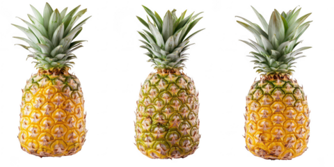 Three pineapples close up view on transparent png background