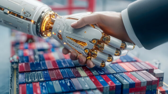 Robotic hand and human hand shake over stack of shipping containers, symbolizing collaboration between technology and industry. This captures