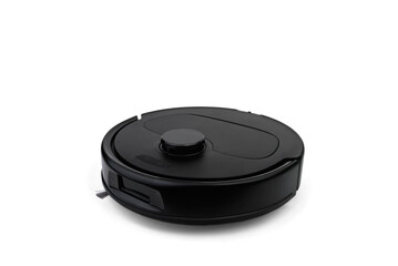 Black robot vacuum cleaner isolated on white background.