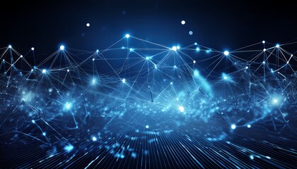 Fototapeta premium a mesmerizing visualization showcases the essence of interconnected digital systems a deep indigo backdrop serves as the canvas for a dynamic network of luminescent points each a beacon of data
