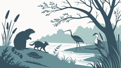 Vector  illustration of a beaver, cat, turtle, heron, and bird in a river landscape with trees and plants