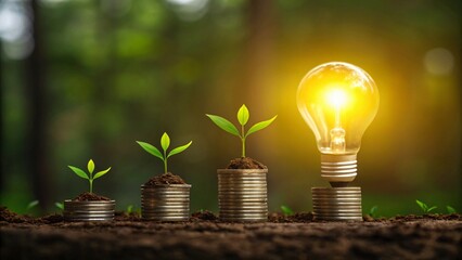 Glowing light bulb with growing plants on coins incandescent