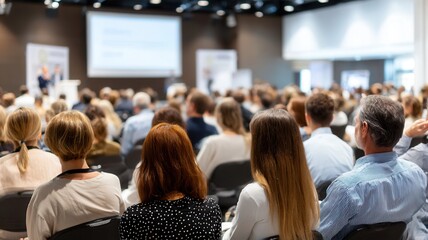 Professionals networking, listening intently to keynote speaker sharing knowledge in crowded conference hall with collaborative energy