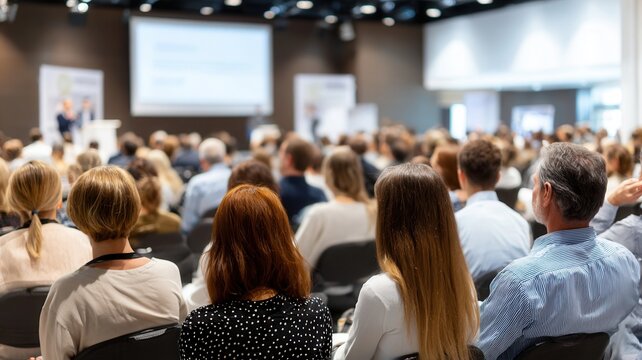 Professionals networking, listening intently to keynote speaker sharing knowledge in crowded conference hall with collaborative energy
