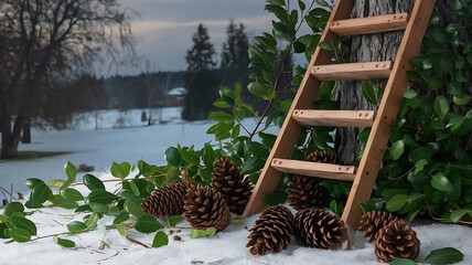 Rustic Wooden Ladder with Pinecones on Snowy Winter Forest Floor