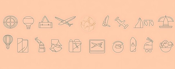 Modern travel-themed outline icons set on a soft peach background