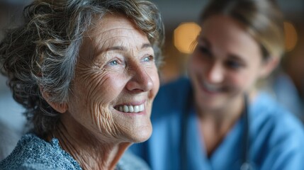 Elderly woman's radiant smile with a caretaker by her side, capturing a moment of joy and care