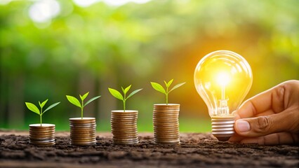 Growing plants on coins with glowing light bulb growth
