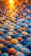Fototapeta premium Photo of a vibrant, colorful mosaic of smooth pebbles with a warm bokeh light effect in the background