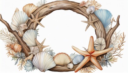 watercolor seashell wreath with driftwood and starfish n coastal marine frame design