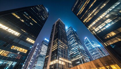 Modern city skyline at night, viewed from a low angle with towering skyscrapers