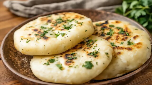 Three golden arepas sit on a brown plate and wooden table, sprinkled with parsley. Simple yet appetizing, highlighting the freshness and rustic charm.