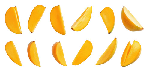 Slices of ripe mango fruit on transparent png background