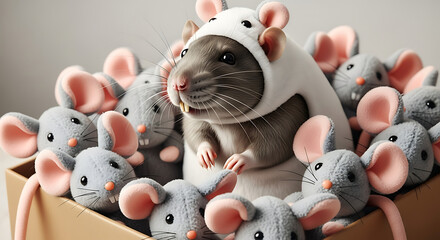 A curious rat wearing a mouse costume surrounded by many plush toy mice in a cardboard box.