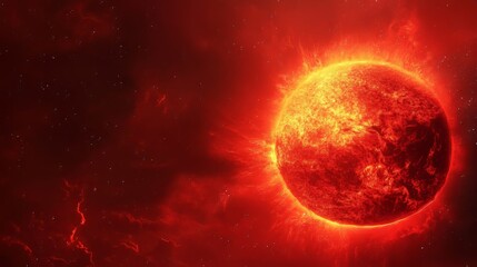 A red-themed outer space scene with a massive sun 