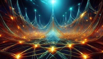 Obraz premium a complex interwoven network of shimmering thread like structures extends infinitely resembling a bioluminescent tapestry woven from an unknown otherworldly material