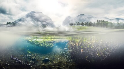 Mountain landscape with fog and clouds reflected in the serene lake water