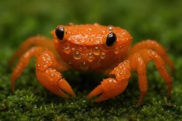 An enchanting orange crab with shimmering water droplets sits poised on a mossy green background, its eyes reflecting the tranquility of nature's embrace
