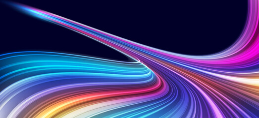 Modern abstract high speed movement with dynamic motion light trails, speed effect on dark blue background. Futuristic digital technology concept. Pattern for banner. Vector EPS10.