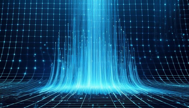 blue data cascade futuristic digital waterfall on grid