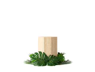 Beige Marble Hexagon Display Pedestal with Lush Tropical Monstera and Palm Leaves; Minimalist Product Presentation Mockup