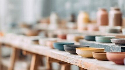 blurred image of a ceramics glazing studio with rows of pottery pieces, large basins, and colored glaze jars. Calm hands-on artistry