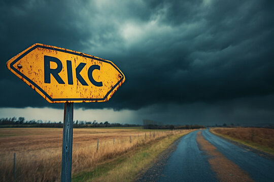 Rusty signpost points to RKC under a stormy sky a rural road stretches into the distance