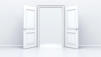 A modern, minimalist open door design in a bright white space, symbolizing opportunities and new beginnings.