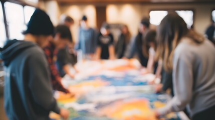 blurred image of a collaborative group art project in progress, with students gathered around a mural-sized canvas. Movement and teamwork vibe