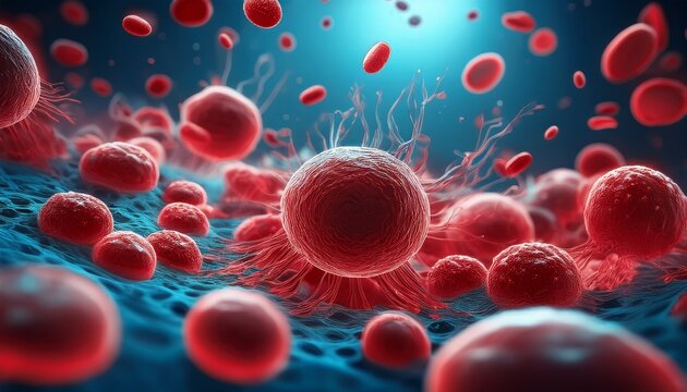 infected blood red cells under attack in blue microscopic view
