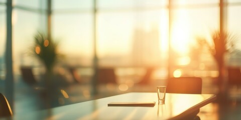 Fototapeta premium Blurry modern office interior at sunset, view from high-rise office desk with water glass