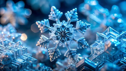 Photo of a detailed macro photograph of a single, intricate snowflake crystal surrounded by other...