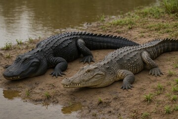 Obraz premium A Pair of Alligators Rest in a Murky Pond
