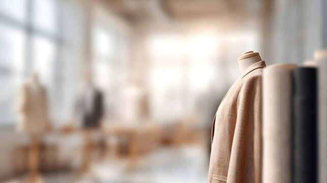 blurred image of a fashion designer’s loft during summer afternoon, light bouncing off fabric rolls and mannequins, atmosphere of creation. Style in motion