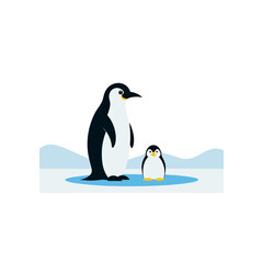 emperor penguin with chick on icy plain