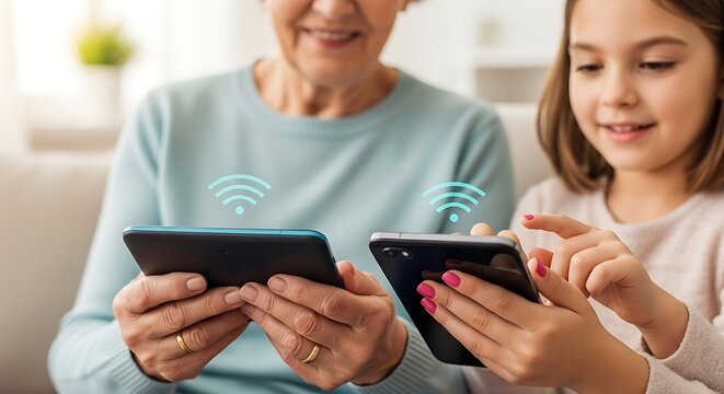 A happy granddaughter teaches her senior grandmother to use a mobile phone and tablet, showing intergenerational digital connection.