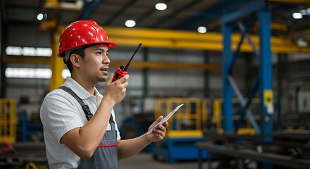 Asian engineer using walkie talkie in factory for communication