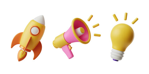 Rocket megaphone and lightbulb icons representing launch promotion and innovation ideas