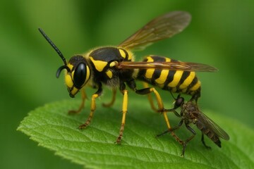 Fototapeta premium A close-up of a solitary wasp with its wings spread wide, poised on a green leaf, ready to take flight
