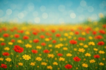 Naklejka premium A vibrant field of flowers under a clear blue sky, with a gentle bokeh effect in the background