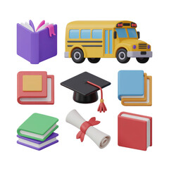Collection of colorful educational icons including a school bus graduation cap books and diploma on a black background
