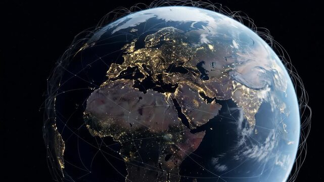 Global Network Connections at Night - A rotating 3D model of Earth at night, showcasing city lights and illuminated global communication networks.