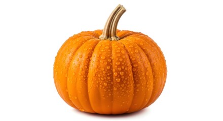 Isolated image of a round orange pumpkin with a stem and water droplets on a white background surface