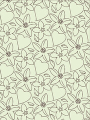 Fototapeta premium Seamless pattern of flowers, hearts, and leaves in black outline on a light green background design element