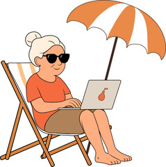 Vector illustration of an elderly woman working on a laptop while relaxing on a deck chair wearing glasses.