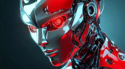 A red and silver futuristic robot with glowing eyes 